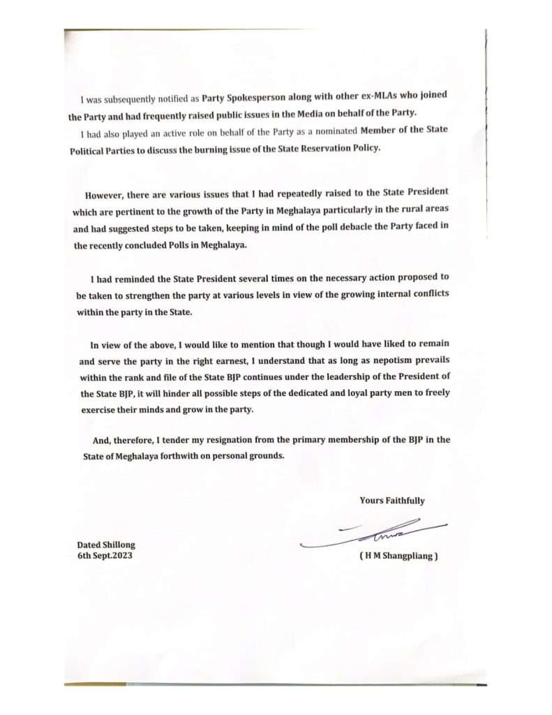 Big Blow to BJP as H M Shangpliang resigns from the party ahead of Lok Sabha Elections