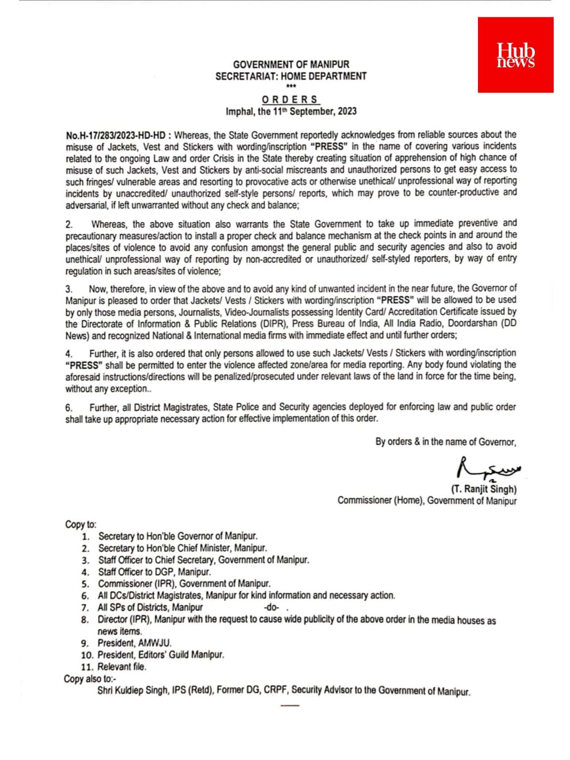 Manipur govt restricts use of word "PRESS" to media persons having accreditation certificates