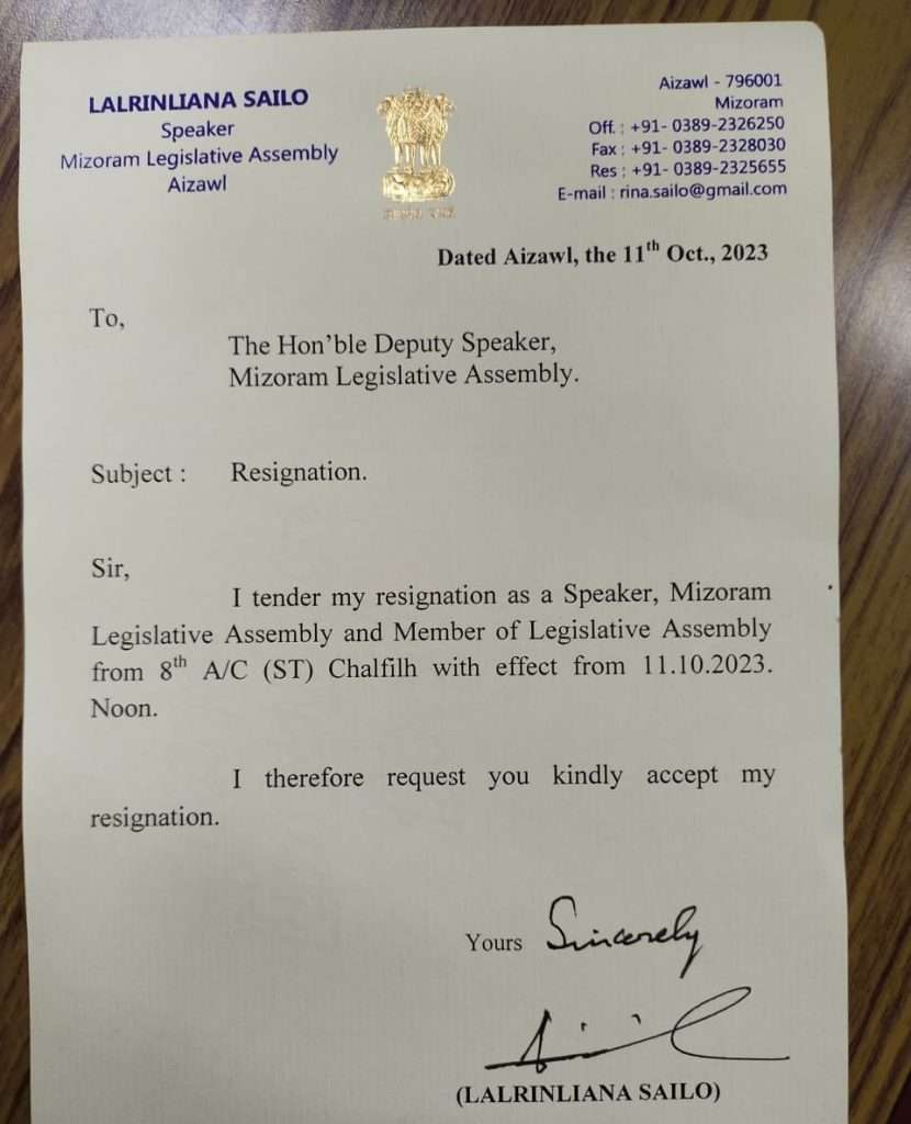 Mizoram Assembly speaker, Lalrinliana Sailo resigns from his post,  to contest upcoming election as BJP candidate