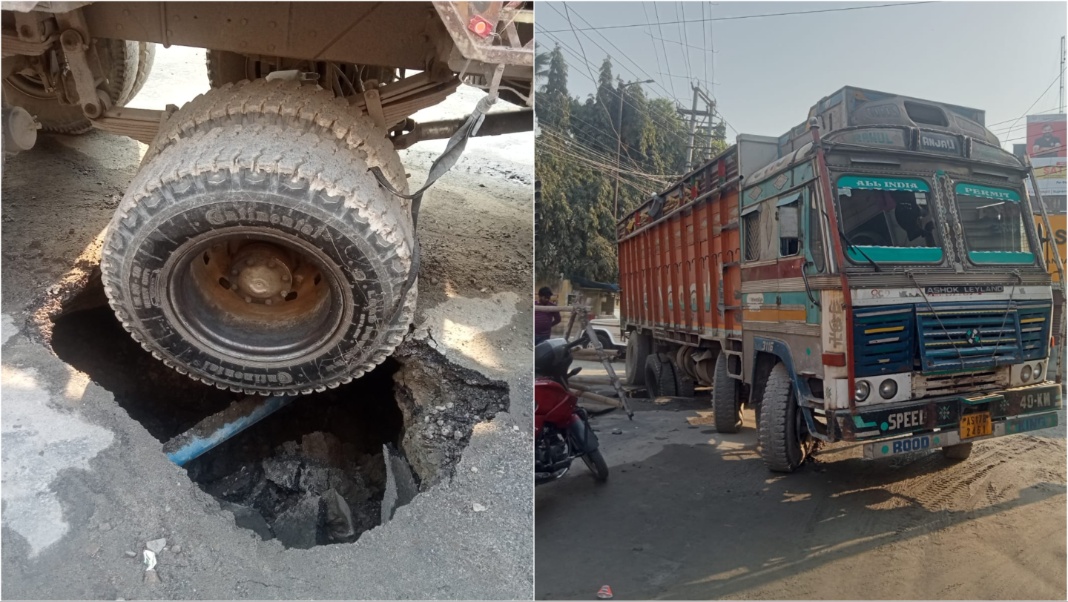 12 wheeler truck falls into a hole, stuck for three hours