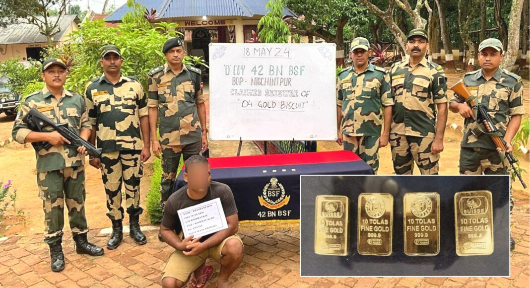 Tripura: BSF Apprehends Smuggler with 4 Gold Biscuits worth Rs. 36.6 Lakhs