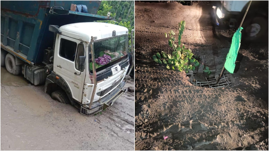 Truck gets stuck in massive pothole on NH-6 in East Jaintia Hills, traffic halted for over 24 hours