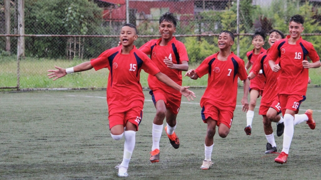 U-14 West Jaintia DSA players celebrate after scoring a goal against Pyndengumiong DSA