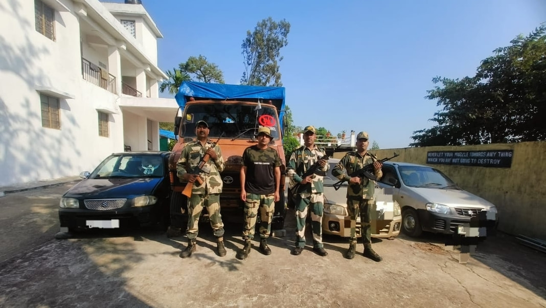 BSF Meghalaya intercepts vehicles smuggling illegal sugar at Shnongpdeng near Bangladesh border