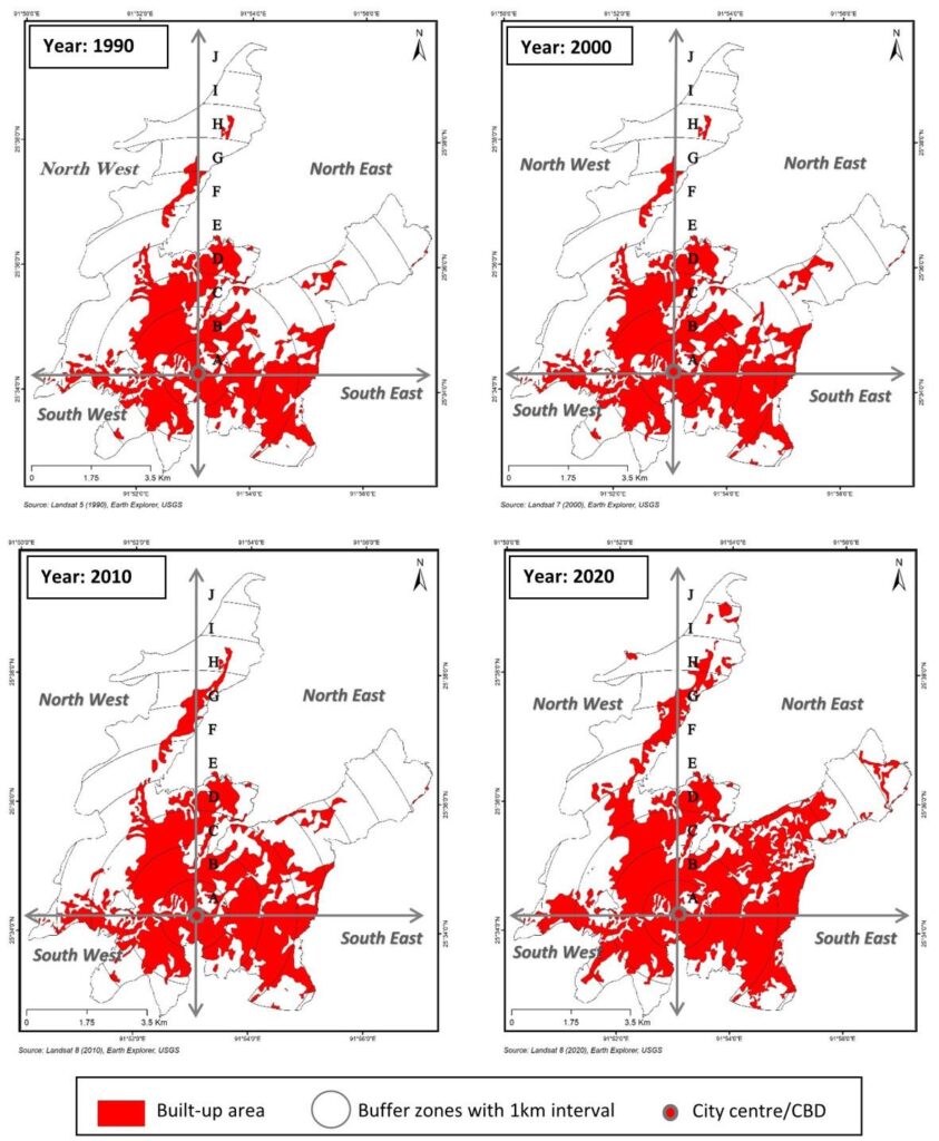 The picture shows the distribution of built-up areas in Shillong Urban Agglomeration for different periods. The distribution of built-up area is shown in concentric buffer zones of 1km intervals from the city centre (the earliest settlement of the region) and how it spreads in four cardinal direction zones.