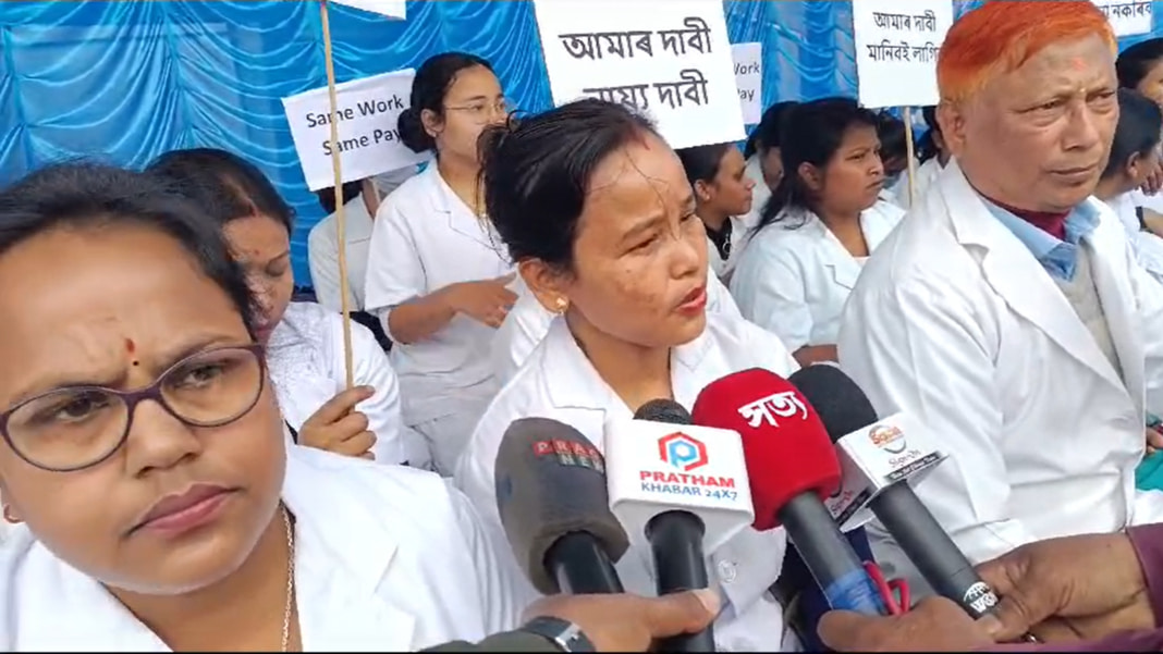 National Health Mission contractual staff in Dibrugarh strike demanding equal pay and benefits