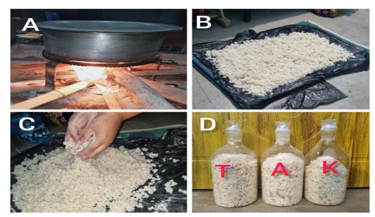 Fig 1: Preparation of rice wine. A - Rice (cooked for 30-40 minutes); B - Cooked rice cooled down; C- Mixing of starter culture; D - Stored in airtight container