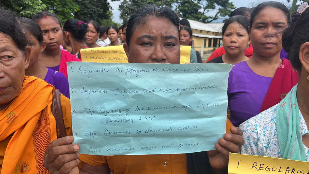 Anganwadi Workers stage protest in Tura demanding end to face recognition system and better rights