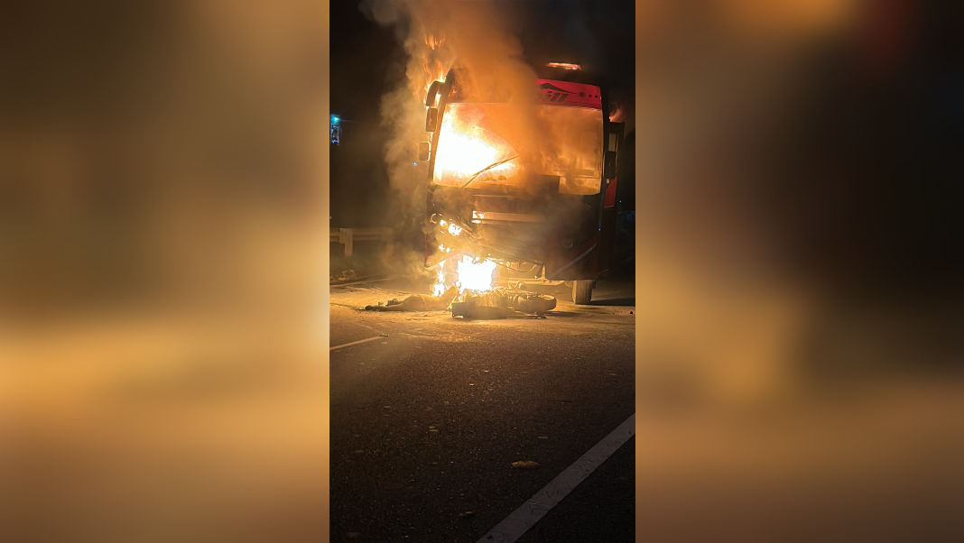 Bike rider dies in flames after head-on collision with bus in Nongpoh