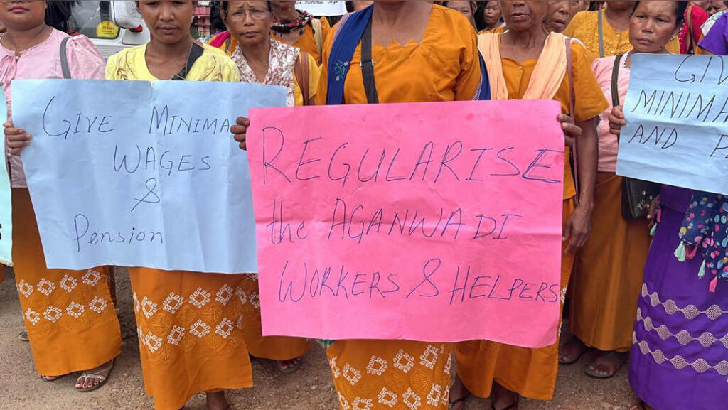 Anganwadi Workers stage protest in Tura demanding end to face recognition system and better rights