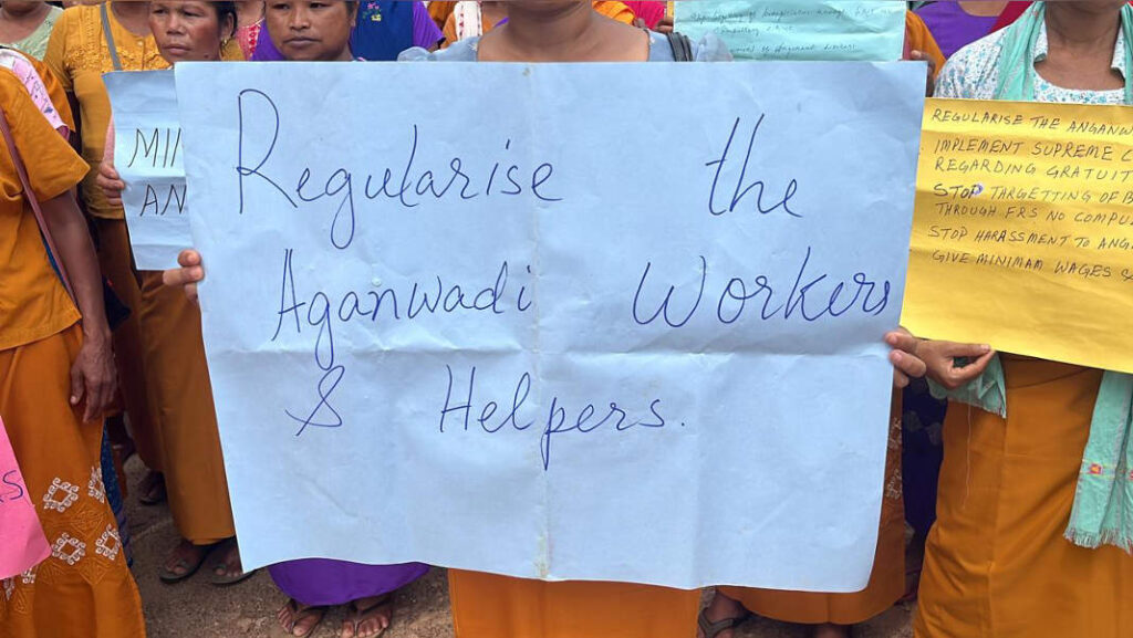 Anganwadi Workers stage protest in Tura demanding end to face recognition system and better rights