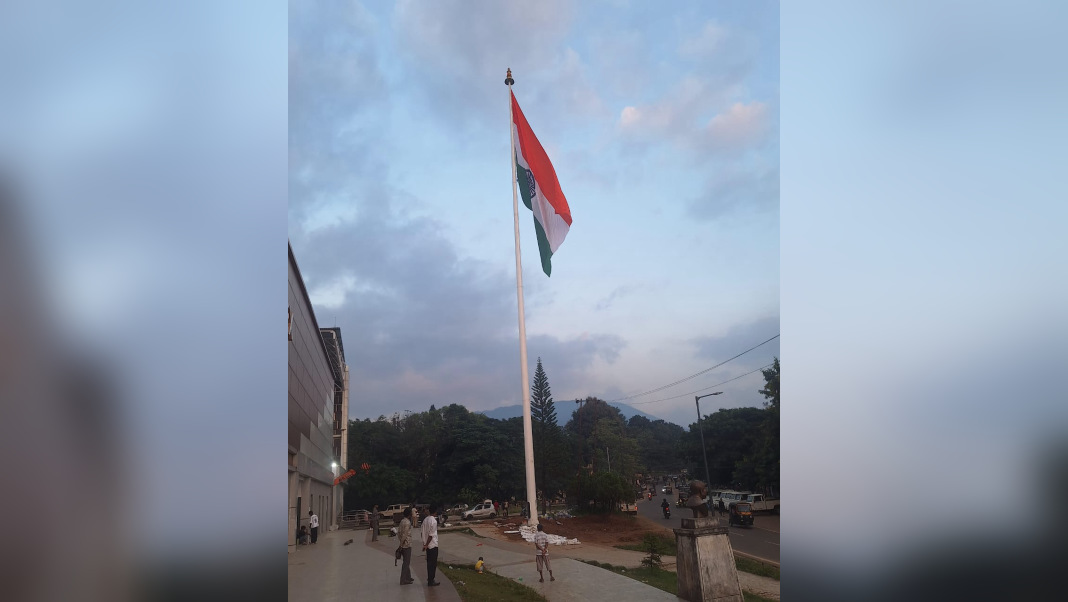 Giant size National Tricolour, raised on high mast measuring 40 meters from the ground erected in front of the P.A. Sangma Stadium