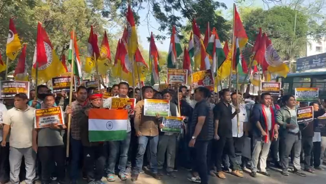 Tripura tribal youth protest in Agartala over alleged Bangladesh threat to Northeast