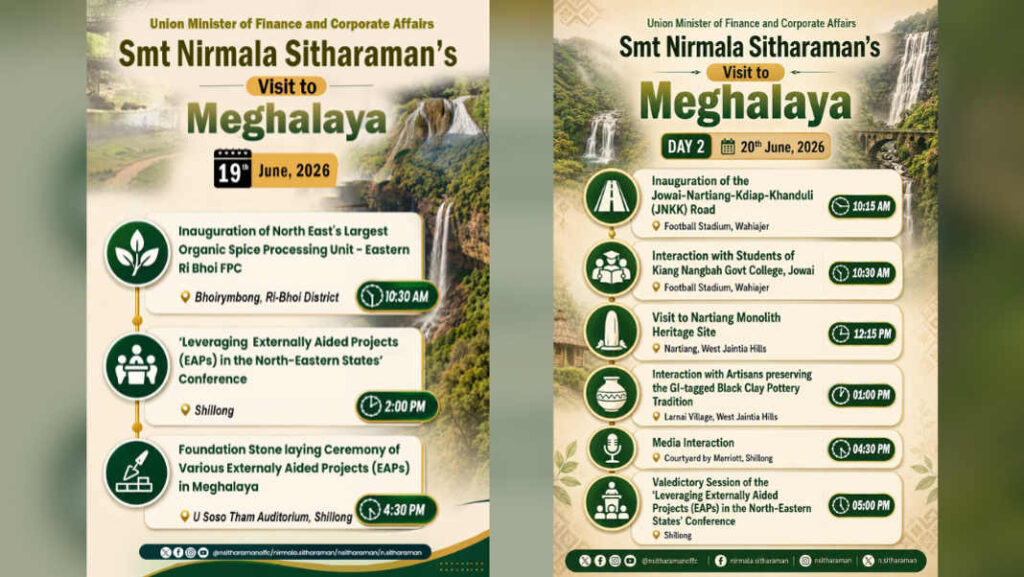 Union finance minister to visit Meghalaya on June 19-20 for EAP seminar and project launches